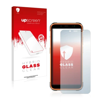 Parte frontal de un envase de producto con el logotipo de la marca upscreen. Al lado se muestra el dispositivo Ulefone Power A