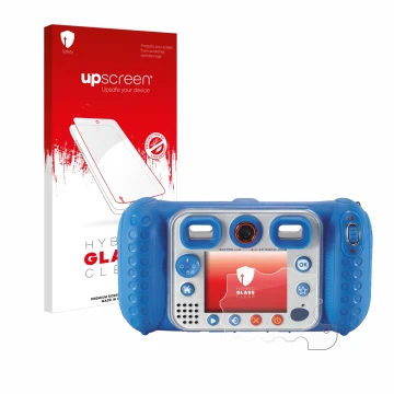 Parte frontal de un envase de producto con el logotipo de la marca upscreen. Al lado se muestra el dispositivo Vtech Kidizoom 