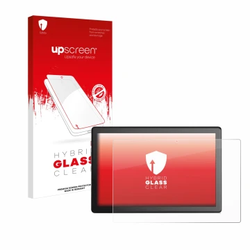 Parte frontal de un envase de producto con el logotipo de la marca upscreen. Al lado se muestra el dispositivo emporia TAB 1 1