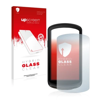 Parte frontal de un envase de producto con el logotipo de la marca upscreen. Al lado se muestra el dispositivo Garmin Edge 104