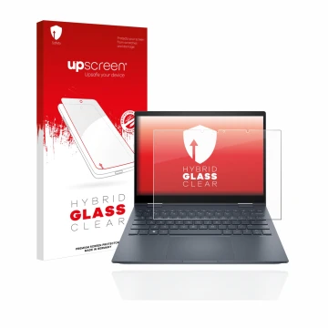 Parte frontal de un envase de producto con el logotipo de la marca upscreen. Al lado se muestra el dispositivo HP Envy x360 13