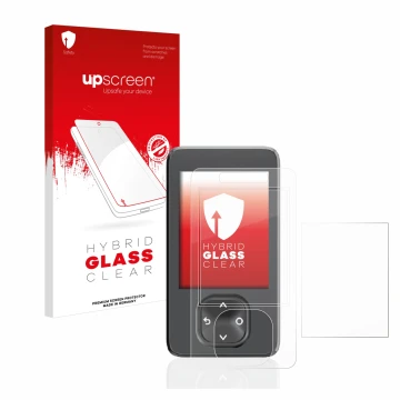 Parte frontal de un envase de producto con el logotipo de la marca upscreen. Al lado se muestra el dispositivo Dexcom G7 CGM c