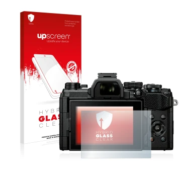 Parte frontal de un envase de producto con el logotipo de la marca upscreen. Al lado se muestra el dispositivo Olympus OM Syst