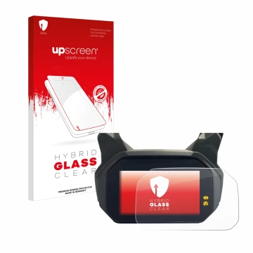 Parte frontal de un envase de producto con el logotipo de la marca upscreen. Al lado se muestra el dispositivo BMW C400 GT TFT