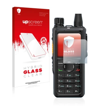 Parte frontal de un envase de producto con el logotipo de la marca upscreen. Al lado se muestra el dispositivo Hytera HP 685 c