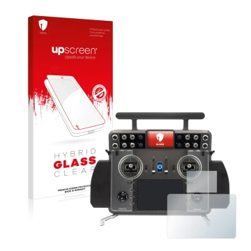 Parte frontal de un envase de producto con el logotipo de la marca upscreen. Al lado se muestra el dispositivo FrSky Tandem XE