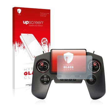 Parte frontal de un envase de producto con el logotipo de la marca upscreen. Al lado se muestra el dispositivo FrSky Twin Lite