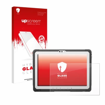 Parte frontal de un envase de producto con el logotipo de la marca upscreen. Al lado se muestra el dispositivo Panasonic Tough