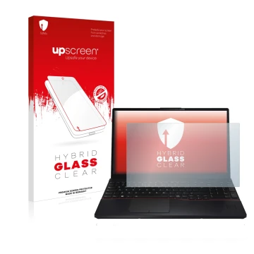 Parte frontal de un envase de producto con el logotipo de la marca upscreen. Al lado se muestra el dispositivo Fujitsu Lifeboo