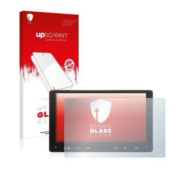 Parte frontal de un envase de producto con el logotipo de la marca upscreen. Al lado se muestra el dispositivo Atoto A6 PF 9 Z