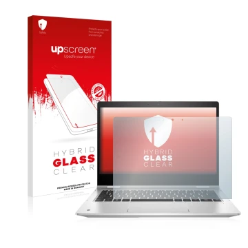 Parte frontal de un envase de producto con el logotipo de la marca upscreen. Al lado se muestra el dispositivo HP ProBook x360