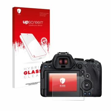 Parte frontal de un envase de producto con el logotipo de la marca upscreen. Al lado se muestra el dispositivo Canon EOS R6 Ma
