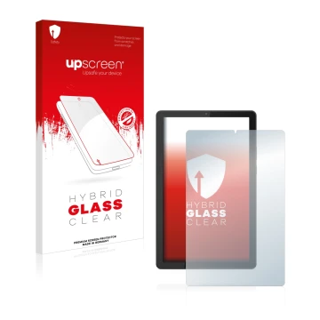 Parte frontal de un envase de producto con el logotipo de la marca upscreen. Al lado se muestra el dispositivo Lenovo Tab M9 c