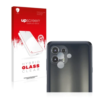 Parte frontal de un envase de producto con el logotipo de la marca upscreen. Al lado se muestra el dispositivo Motorola Edge 2