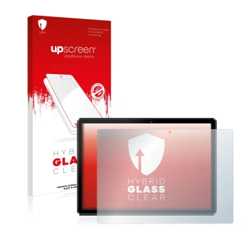 Parte frontal de un envase de producto con el logotipo de la marca upscreen. Al lado se muestra el dispositivo Pritom M10 10.1