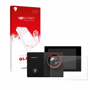 Parte frontal de un envase de producto con el logotipo de la marca upscreen. Al lado se muestra el dispositivo Akaso EK7000 Pr