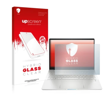 Parte frontal de un envase de producto con el logotipo de la marca upscreen. Al lado se muestra el dispositivo HP Pavilion Plu