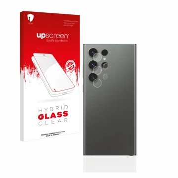 Parte frontal de un envase de producto con el logotipo de la marca upscreen. Al lado se muestra el dispositivo Samsung Galaxy 