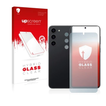 Parte frontal de un envase de producto con el logotipo de la marca upscreen. Al lado se muestra el dispositivo Samsung Galaxy 
