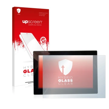 Parte frontal de un envase de producto con el logotipo de la marca upscreen. Al lado se muestra el dispositivo MG 4 7-Zoll Dig