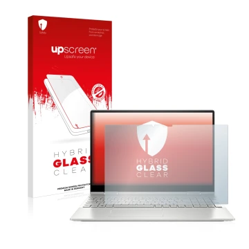 Parte frontal de un envase de producto con el logotipo de la marca upscreen. Al lado se muestra el dispositivo HP Envy x360 2-
