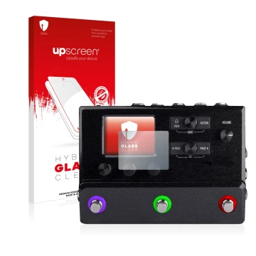 Parte frontal de un envase de producto con el logotipo de la marca upscreen. Al lado se muestra el dispositivo Line 6 hx stomp