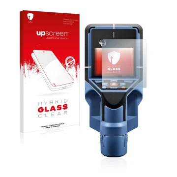 Parte frontal de un envase de producto con el logotipo de la marca upscreen. Al lado se muestra el dispositivo Bosch D-tect 20