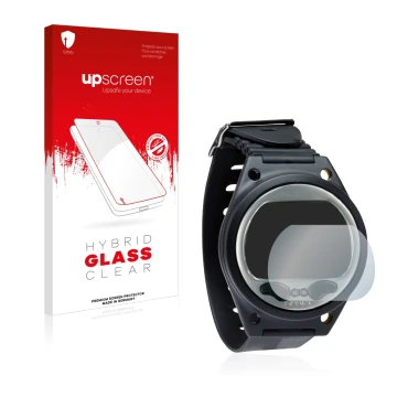 Parte frontal de un envase de producto con el logotipo de la marca upscreen. Al lado se muestra el dispositivo SCUBAPRO Aladin