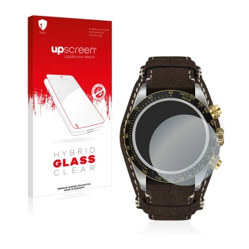 Parte frontal de un envase de producto con el logotipo de la marca upscreen. Al lado se muestra el dispositivo Tudor Black Bay