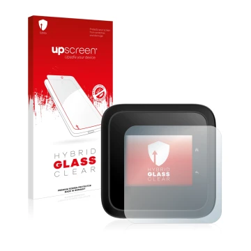Parte frontal de un envase de producto con el logotipo de la marca upscreen. Al lado se muestra el dispositivo Netgear Nightha