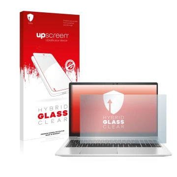 Parte frontal de un envase de producto con el logotipo de la marca upscreen. Al lado se muestra el dispositivo HP EliteBook 65