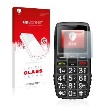 Parte frontal de un envase de producto con el logotipo de la marca upscreen. Al lado se muestra el dispositivo artfone C1 + co