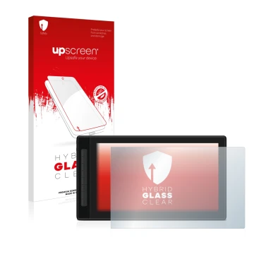 Parte frontal de un envase de producto con el logotipo de la marca upscreen. Al lado se muestra el dispositivo Huion Kamvas Pr