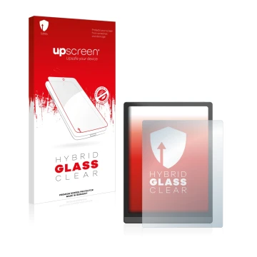 Parte frontal de un envase de producto con el logotipo de la marca upscreen. Al lado se muestra el dispositivo Boox Tab X con 