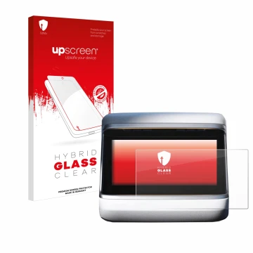 Parte frontal de un envase de producto con el logotipo de la marca upscreen. Al lado se muestra el dispositivo Tesla Model X P