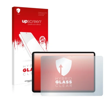 Parte frontal de un envase de producto con el logotipo de la marca upscreen. Al lado se muestra el dispositivo Huawei MateBook