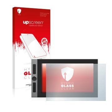 Parte frontal de un envase de producto con el logotipo de la marca upscreen. Al lado se muestra el dispositivo XP-Pen Artist P