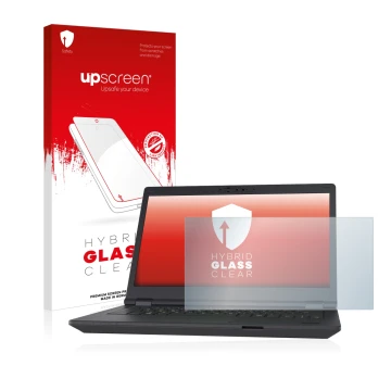 Parte frontal de un envase de producto con el logotipo de la marca upscreen. Al lado se muestra el dispositivo Fujitsu Lifeboo