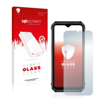 Parte frontal de un envase de producto con el logotipo de la marca upscreen. Al lado se muestra el dispositivo Ulefone Power A