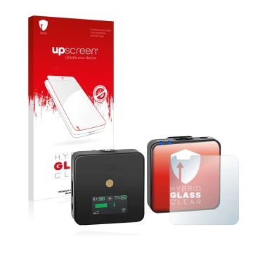 Parte frontal de un envase de producto con el logotipo de la marca upscreen. Al lado se muestra el dispositivo Rode Wireless G