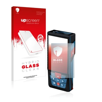 Parte frontal de un envase de producto con el logotipo de la marca upscreen. Al lado se muestra el dispositivo Bosch GLM 150-2