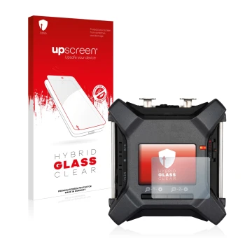 Parte frontal de un envase de producto con el logotipo de la marca upscreen. Al lado se muestra el dispositivo Zoom F3 field r