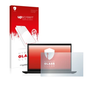 Parte frontal de un envase de producto con el logotipo de la marca upscreen. Al lado se muestra el dispositivo Lenovo ThinkPad