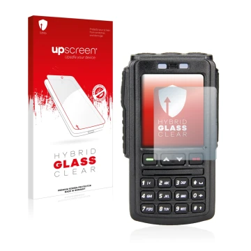 Parte frontal de un envase de producto con el logotipo de la marca upscreen. Al lado se muestra el dispositivo AnyTone BT-01 c