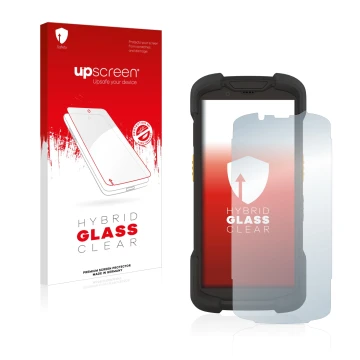 Parte frontal de un envase de producto con el logotipo de la marca upscreen. Al lado se muestra el dispositivo Zebra TC73 con 