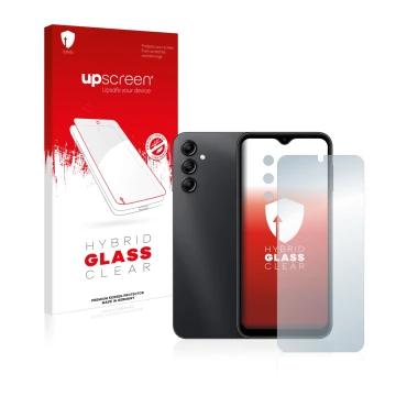 Parte frontal de un envase de producto con el logotipo de la marca upscreen. Al lado se muestra el dispositivo Samsung Galaxy 