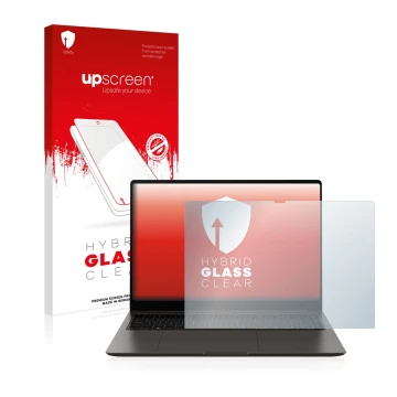 Parte frontal de un envase de producto con el logotipo de la marca upscreen. Al lado se muestra el dispositivo Samsung Galaxy 