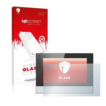 Parte frontal de un envase de producto con el logotipo de la marca upscreen. Al lado se muestra el dispositivo Hikvision DS-KH