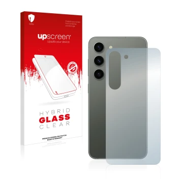 Parte frontal de un envase de producto con el logotipo de la marca upscreen. Al lado se muestra el dispositivo Samsung Galaxy 