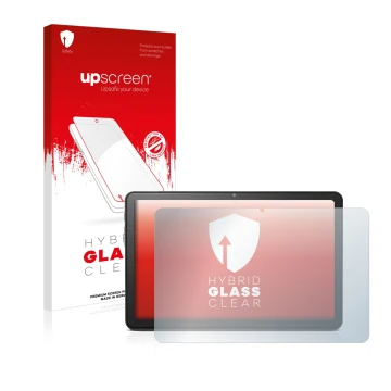 Parte frontal de un envase de producto con el logotipo de la marca upscreen. Al lado se muestra el dispositivo Doro Tablet 10.